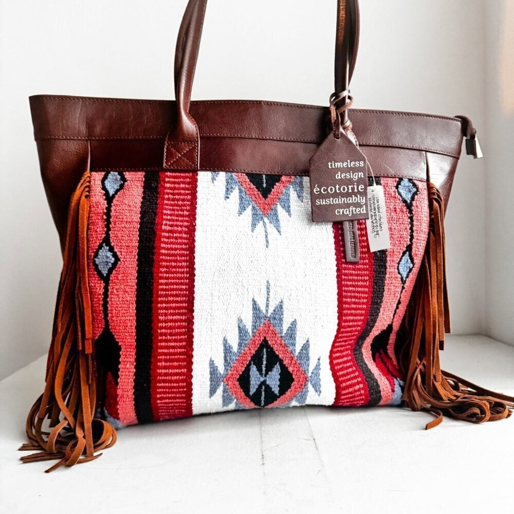Ecotorie Jackson Tote Cognac Southwestern Print Canvas leather Fringe - Picture 2 of 8